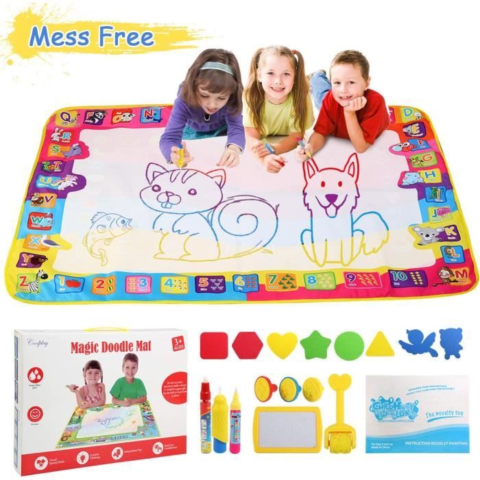 OSDUE Tapis Dessin à L'Eau Bébé – Tapis Magique Réutilisable Avec Stylos Et Pochoirs Animaux, Jouet Éducatif Enfant Dès 3 Ans