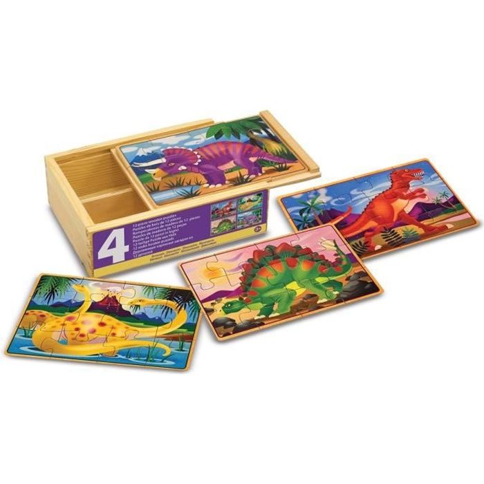 puzzles en bois de dinosaures - melissa & doug - 4 puzzles de 12 pièces chacun