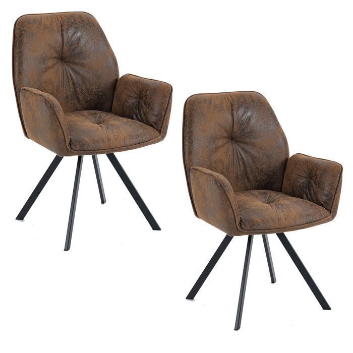 MEUBLES COSY Lot de 2 Fauteuils Chaises de Salle à Manger avec Accoudoirs Tissu en Daim effet Suède Marron Pieds en Métal Noir