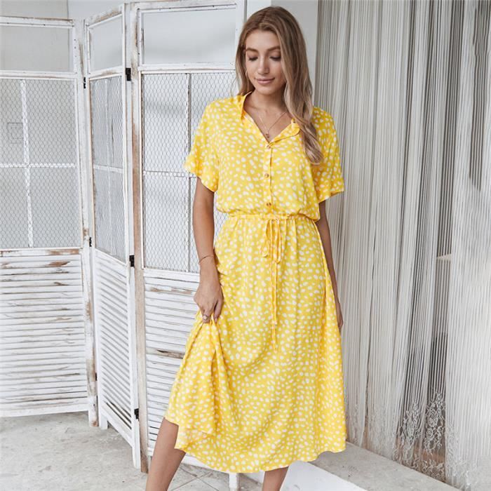 ROBE Femme - D'?�t?� ?� manches courtes et col chemise ?� pois - jaune LC�?� Jaune - Cdiscount Pr??t-?� 