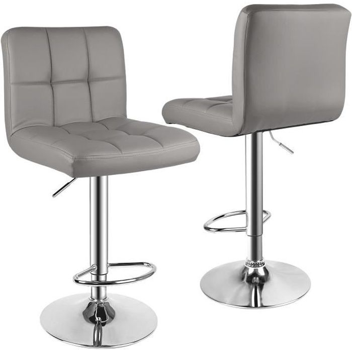 Tabouret de bar 360° pivotant Lot de 2 en cuir PU Hauteur réglable 85-115 cm Gris