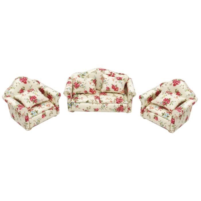 Mini Canapé 1:12 Avec Coussins Fleuris – Meuble Maison De Poupée – Bois Et Tissu – Accessoire Déco Pour Lutin Ou Poupée