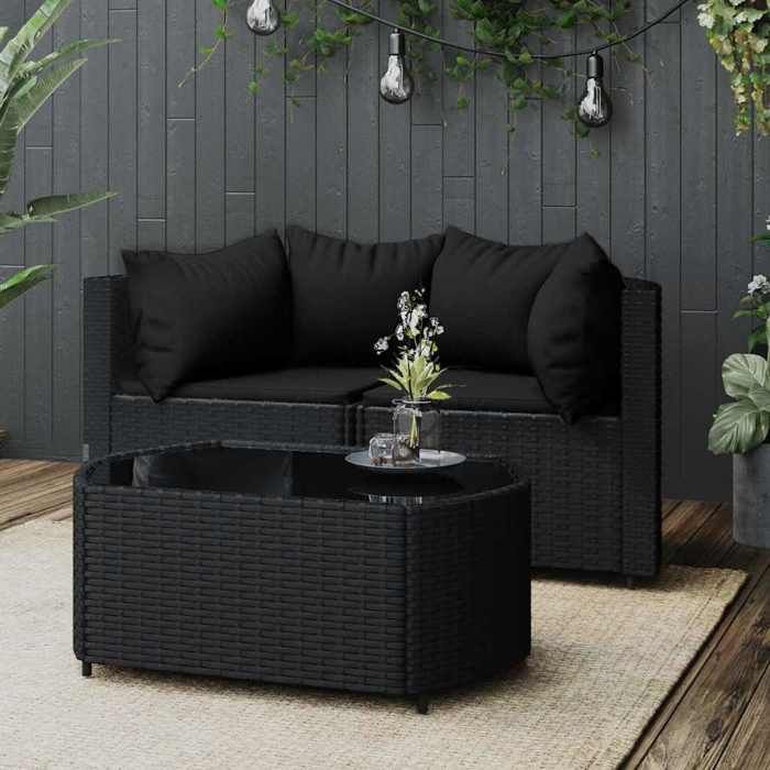 vidaXL Salon de jardin 3 pcs avec coussins Noir Résine tressée ensemble de salon dextérieur ensemble de mobilier 319791