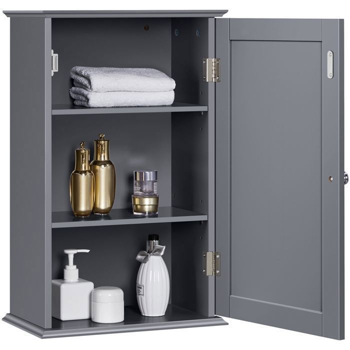 Armoire Murale 3 Niveaux 55x35x21 cm Porte Unique Rangement Élégant pour Salle de Bains Cuisine et Salon Gris Foncé YAHEETECH