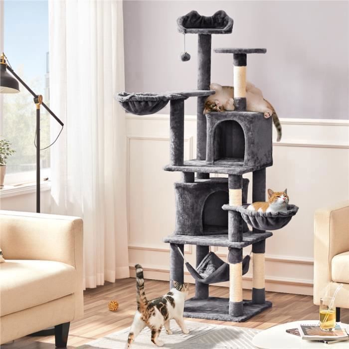 Arbre à Chat Géant Hauteur 175 cm - Gris Foncé - Griffoir Tour de Chat Cordes en Sisal Naturel - Yaheetech