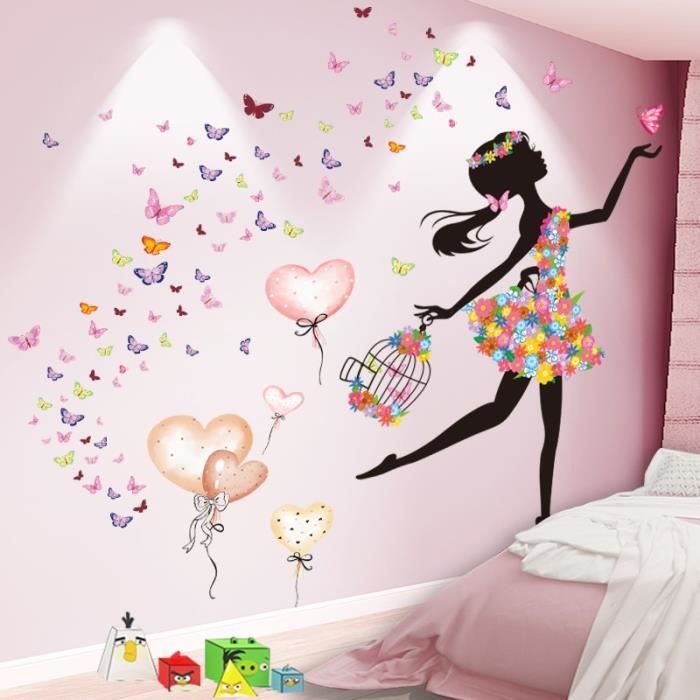 Stickers Muraux Enfants Fille - Fées Papillons Fleurs Aquarelle Pour Chambre Bébé Et Salon
