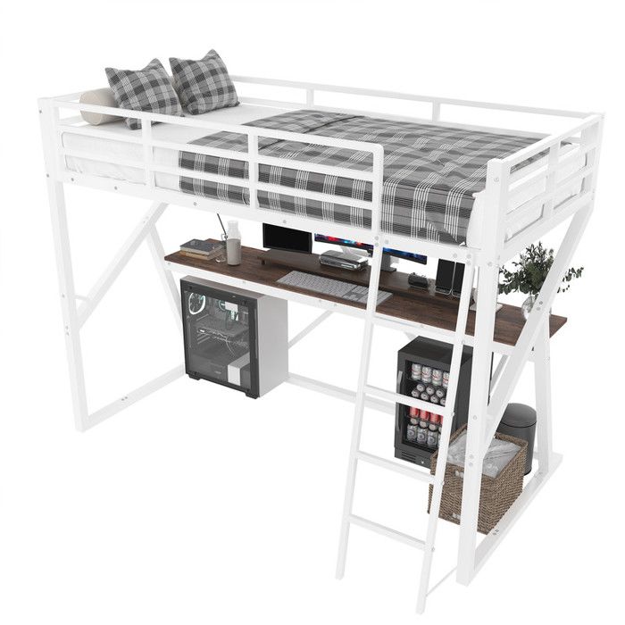 Lit Mezzanine 1 Place 90x200 Cm En Fer Et MDF - Avec Bureau, échelle Rangement, Penderie Et éclairage LED - Noir Ou Blanc - Capacité 200 Kg - Idéal Pour Enfant, Ado Ou Studio