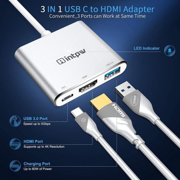 Adaptateur USB C vers HDMI 4K Port USB 3.0 Port de Chargement type C