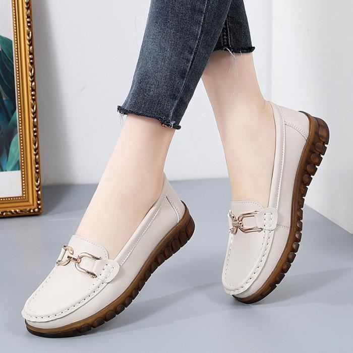 Mocassins Femme en Cuir Souple Marque Couleur Beige Blanc Violet Confortable