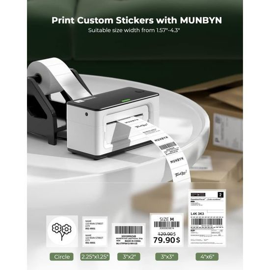 MUNBYN Monochrome Imprimante d'étiquettes Thermique 4x6, Code à