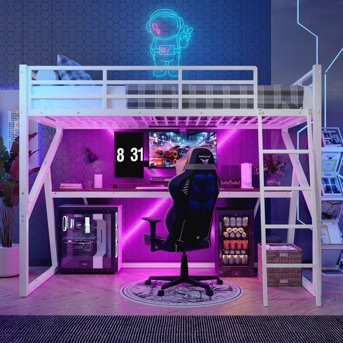 Lit Mezzanine Métal 90x200 Cm Avec Bureau Et Lumières LED | Pour Enfant/ado | Blanc, Charge 240kg | Prise USB Et Secteur
