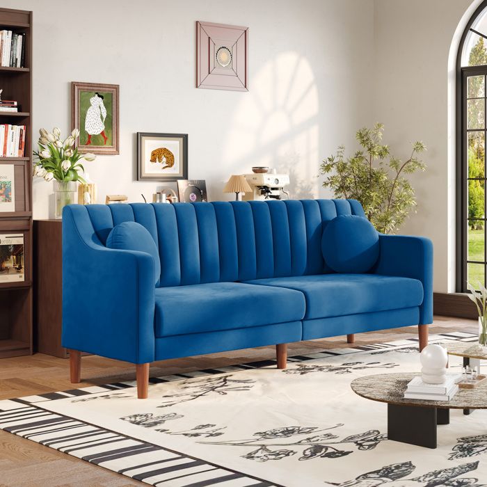 Canapé fixe en velours Bruce - 196 x 76 x 82 cm - 3 places - Bleu