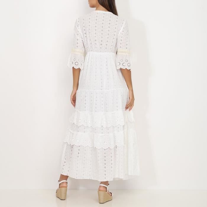 Robe longue blanche en broderie anglaise volants Blanc