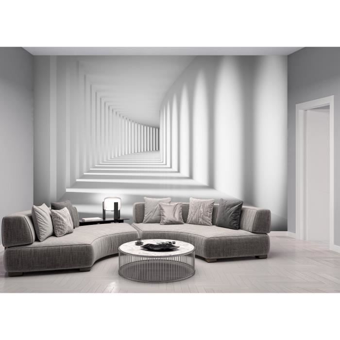 Papier Peint Intissé 3D Effet Tunnel Blanc 416x254 Cm Illusion Moderne