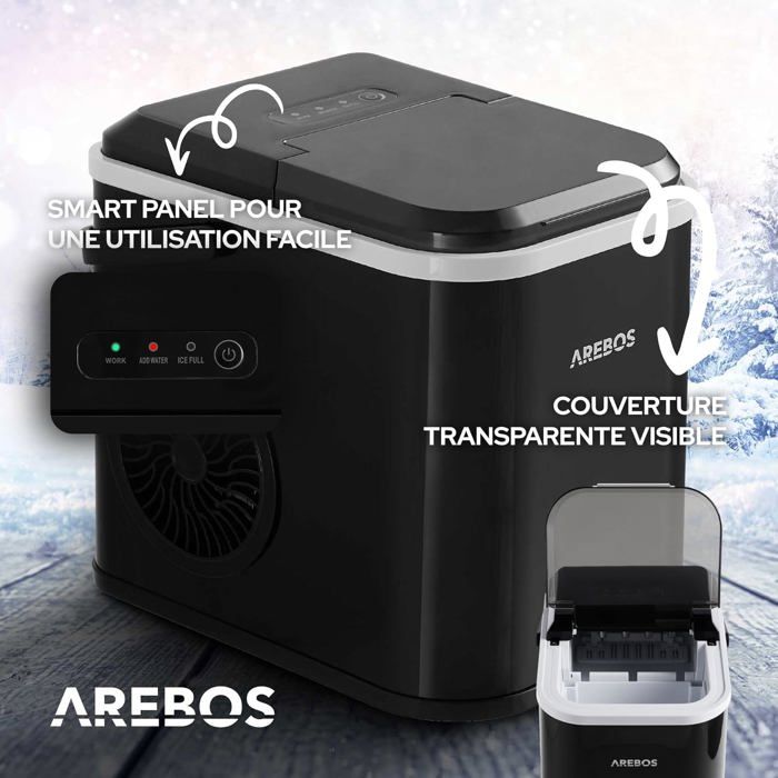 Machine à Glaçons Arebos - Fabrication Ultra-rapide En 10-15 Min - 12kg/24h - 3 Tailles De Glaçons - Réservoir 2,2L - Écran LCD Et Minuterie