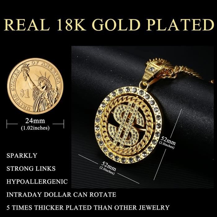Gold Money Chain Dollar Sign Collier Pour Hommes Rappeur Rotatif Hip Hop Fake Chain 18K Or Argent Plaque Halloween Old School H881 Achat Vente sautoir et collier Gold Money Chain Dollar Sign