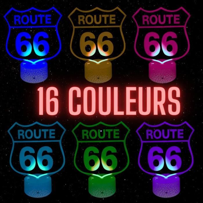 Lampe De Chevet 3D Route 66 Avec Télécommande - 16 Couleurs, Fabrication Française, Alimentation USB Ou Piles