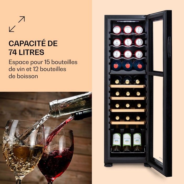 Cave à vin - Klarstein -74 L - 27 bouteilles - 2 zones - Armoire à vin -  Porte vitrée - LED - Frigo bar - 47dB - Noir - Cdiscount Electroménager