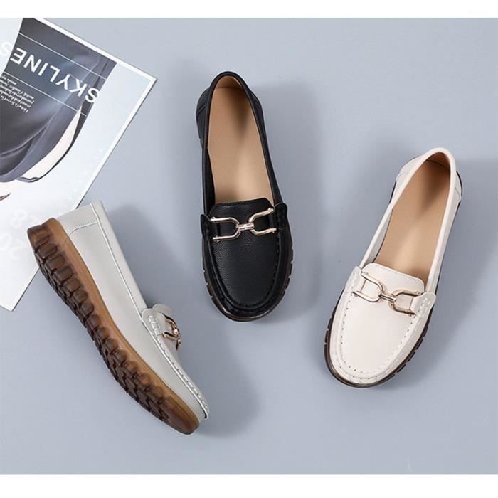 Mocassins Femme en Cuir Souple Marque Couleur Beige Blanc