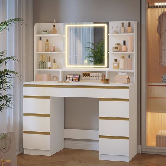 Grande Coiffeuse Avec Miroir LED 10 Ampoules - Meuble Maquillage Avec Rangement, Tiroirs Et Multiprise Blanche Grande Coiffeuse Avec Miroir LED 10 Ampoules - Meuble Maquillage Avec Rangement, Tiroirs Et Multiprise Blanche