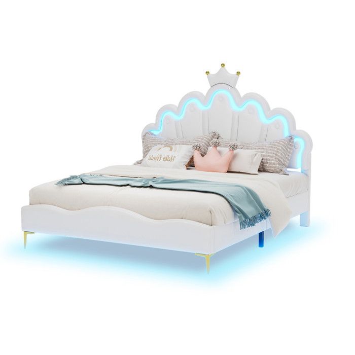 Lit Rembourré Enfant 140x200 Cm Velours Beige – Tête De Lit Fleur, Sommier à Lattes Inclus