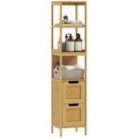 Meuble Salle De Bain Bambou HOMCOM - Colonne Rangement 4 Niveaux + Placard 36x33x140 Cm