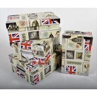 4 Grandes Boites de Rangement - Carton Impr. London Vintage viellie Angles/Poignées Métal. 23x15x9-5x16,5x10-27x18x10,5-29x20x11cm