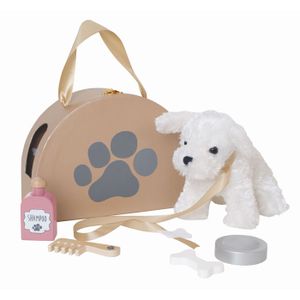 JARDINAGE - BROUETTE Peluche chien avec sac de transport et accessoires en bois