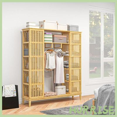 Cocosity Armoire En Bambou Avec 2 Portes Coulissantes, Étagères Et Tringle, Grande Armoire Pour La Chambre, 145 X 35 X 165Cm