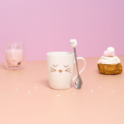 Mug Avec Cuillère Chat Blanc Doré - Céramique Et Acier Inoxydable - Marque CMP