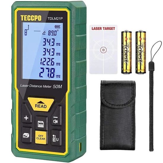 TECCPO Télémètre Laser 50M, 30 Données, Mesure de la Distance, Surface et du Volume, Capteur Électronique Angulaire