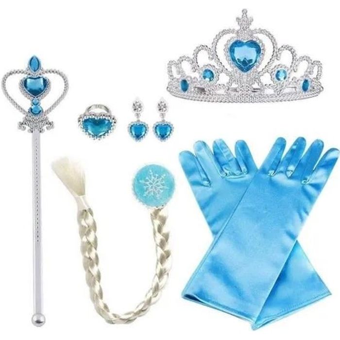 8 Pièces Princesse Accessoires pour Costume d'Elsa la Reine des Neiges avec Tresse/Bague/Boucles d'oreilles/Gants/Diadème/Baguette M