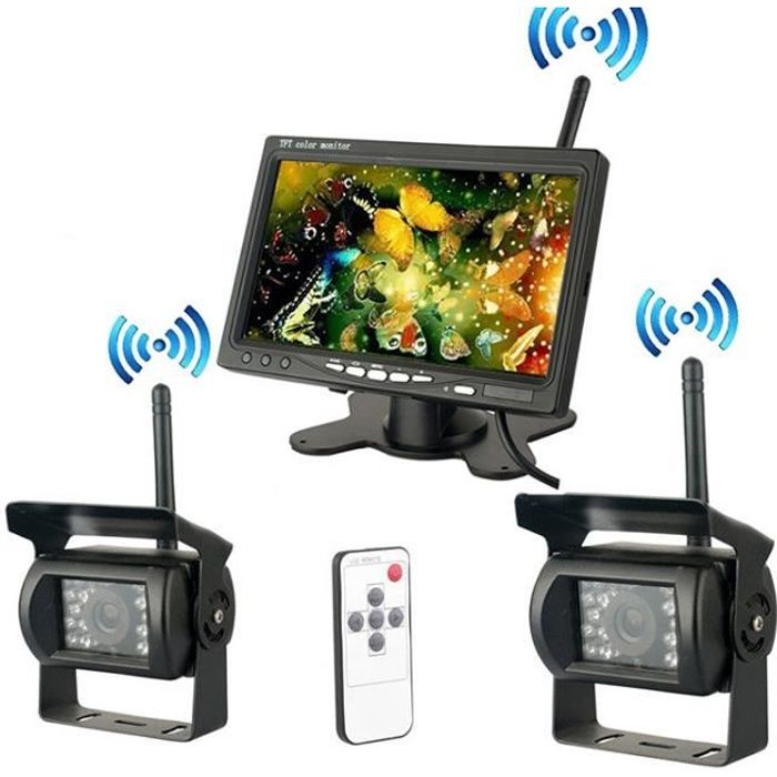Nouvelle Caméra de Recul Sans Fil 7 Pouces HD LCD Ecran+ 2x Caméra de Voiture Etanche pour Camion RV Bus Remorque +Allume-cigare