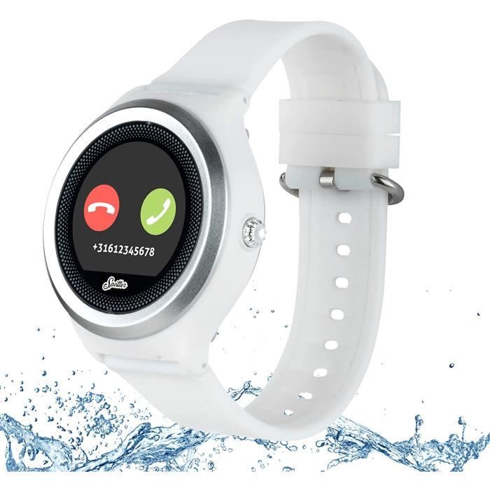Spotter® Montre GPS blanche etanche (IP67) pour enfants et personnes agees (demence) avec fonction d'appel, alarme SOS et plu
