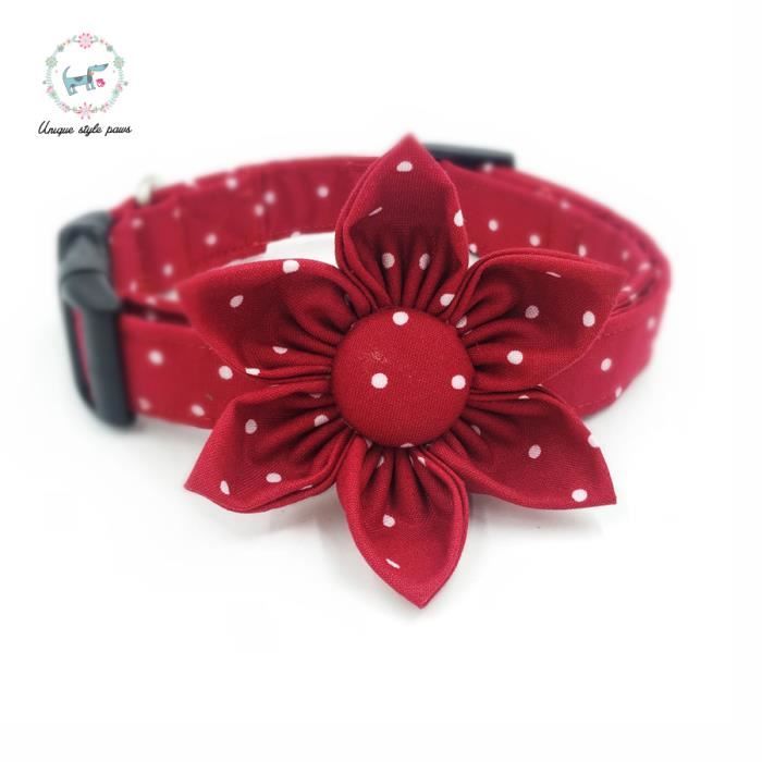 Collier pour chien à points rouge et blanc - Avec nœud à fleurs ou à nœud, collier de - Modèle: collar with flower L - FYCWXQB01639