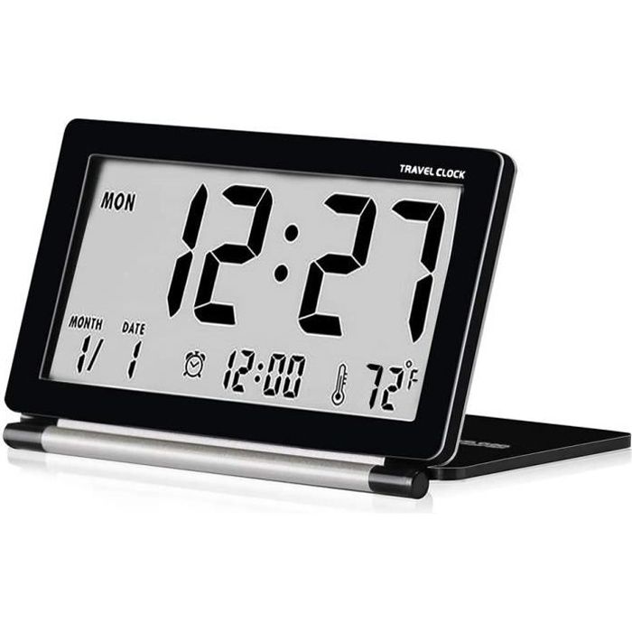 Reveil de Voyage Pliable, Horloge Digital Silencieux Petit Réveil (Noir) Electronique Grand Écran LCD avec Rétro