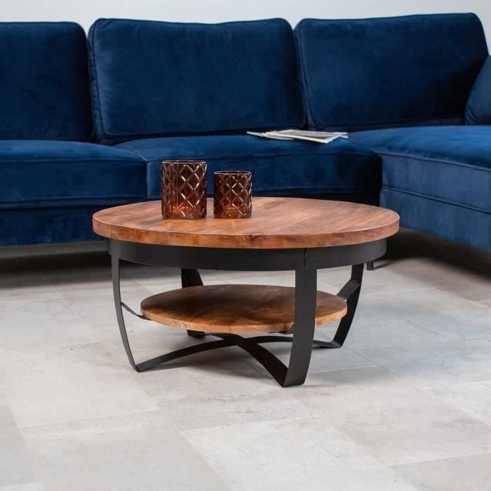 Baldo Table Basse Ronde Bois Massif Industriel 70cm