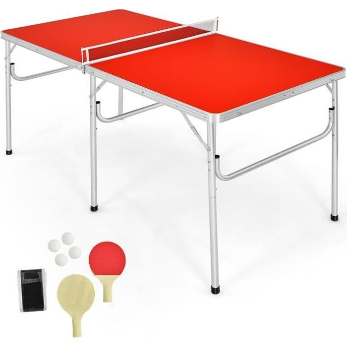 COSTWAY Table de Ping-pong Pliable Table de Tennis de Table Portable avec 2 Raquettes et 4 Balles Coffret de Rangement Rouge