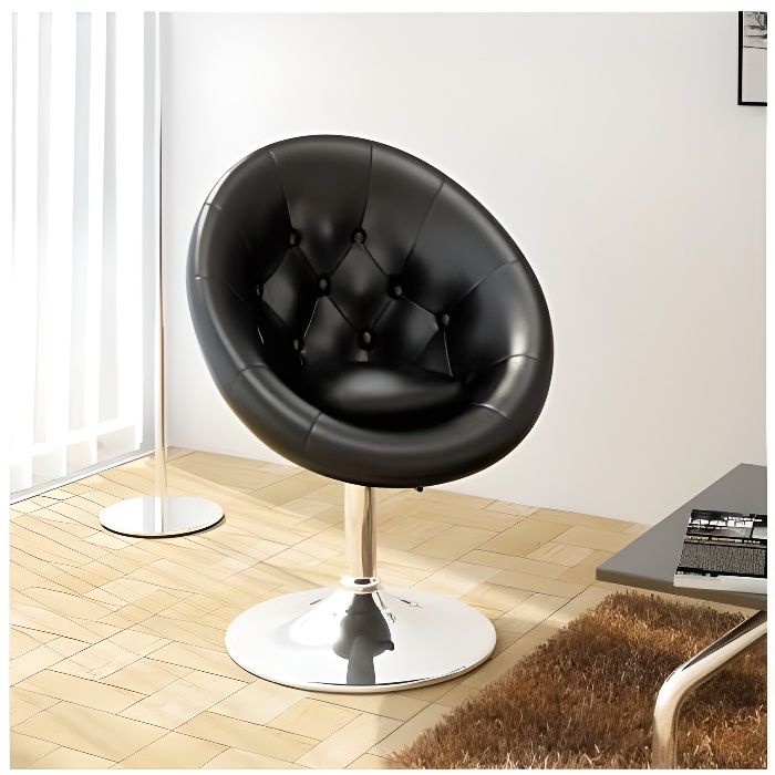 Fauteuil rétro capitonné noir pied Tulipe chromé