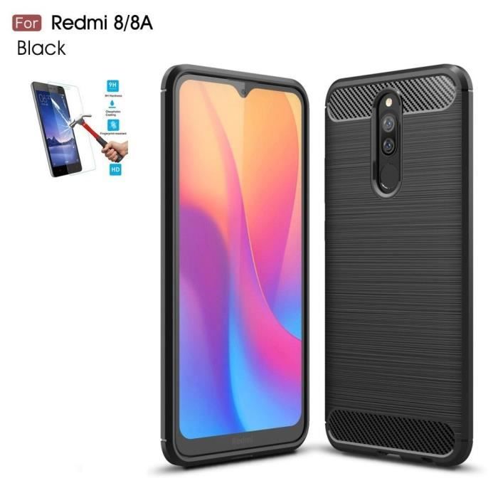 Coque Xiaomi Redmi 8 / 8A Carbone Noir + Film Verre Trempé Housse Etui En Silicone Gel Souple hfs-house®