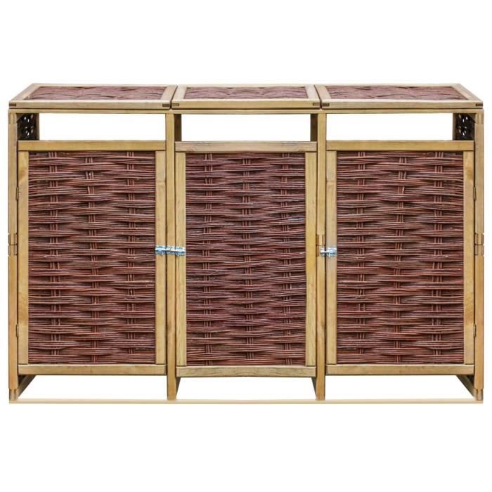 Cache-conteneurs à déchets Abri de poubelle triple 201,5 x 80 x 135,5 cm pinède imprégnée et osier naturel brun SIB-9112571167912