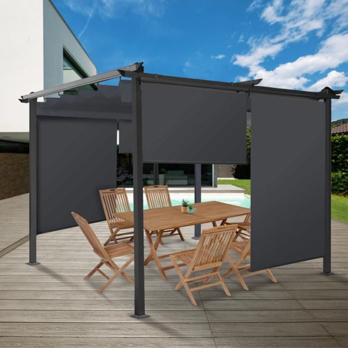 ID MARKET - Lot de 3 stores enrouleurs L.124 X H. 225 CM pour pergola gris