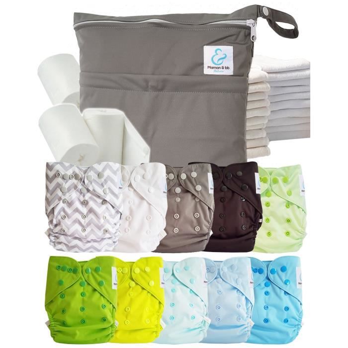 Pack complet : lot de 10 couches lavables TE2 + inserts + voiles + sac imperméable - Layette