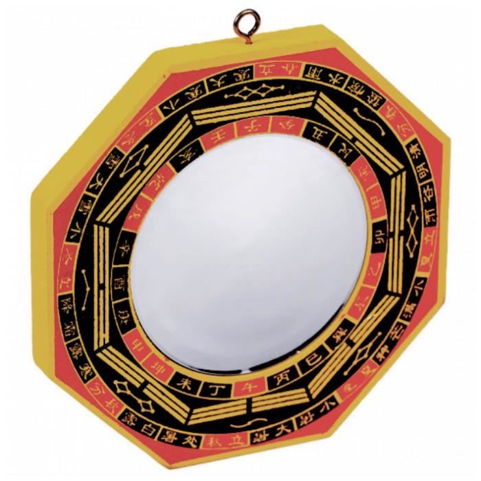 Miroir Feng Shui Bagua concave (13 cm) Hauteur 13 cm / Largeur 13 cm Jaune / Rouge / Noir