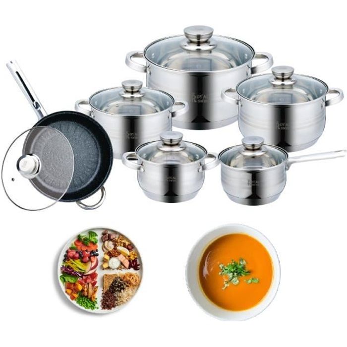 Batterie de Cuisine Inox avec Couvercle en Verre - Tous Feux et Induction, 12 pièces - Non PFOA