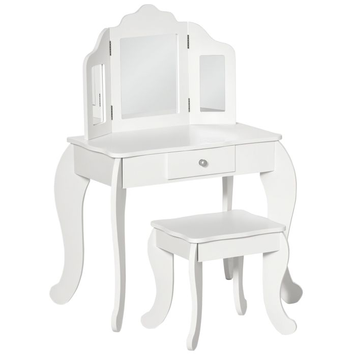 Coiffeuse Enfant Bella En Blanc - Dimensions 60,7 X 42 X 89,2 Cm - Avec Miroir, Tiroir Et Tabouret - Pour Chambre De Petite Fille