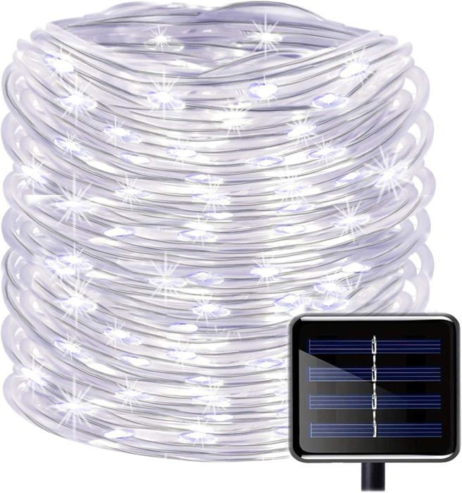 100LED Ruban Lumineux Solaire Lampes de Corde étanche 39ft/12M Fil de Cuivre Extérieur Tube Rope Guirlande Lumineuse(Blanc)