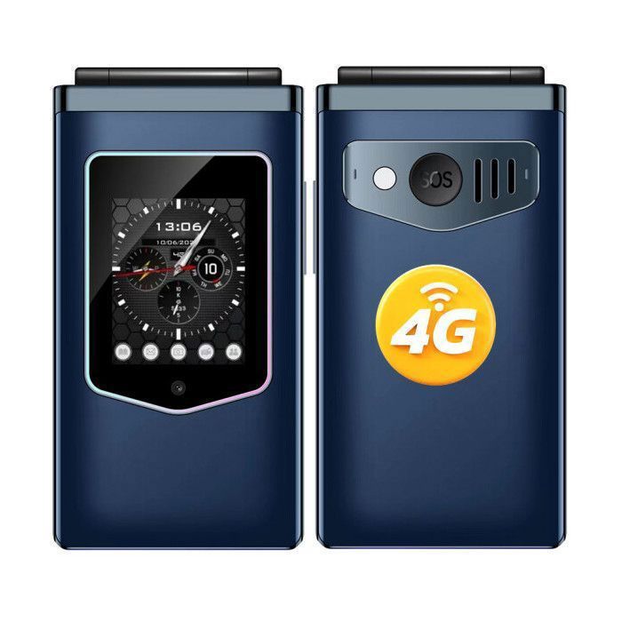 HAMTOD T8 Téléphone Portable Clapet 4G pour Senior - Grandes Touches - Bouton SOS - 1500mAh - Double écran 2.8+ 1.77 - Bleu