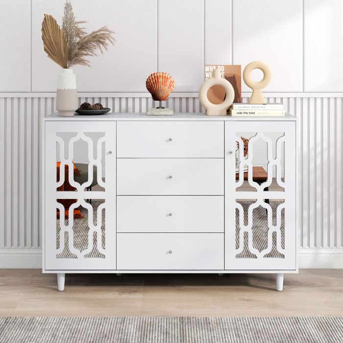Buffet Blanc 147.5x40x102 cm Miroir avec Poignées en Cristal Buffet de Cuisine Pour Salon et Salle a Manger Buffet Haut