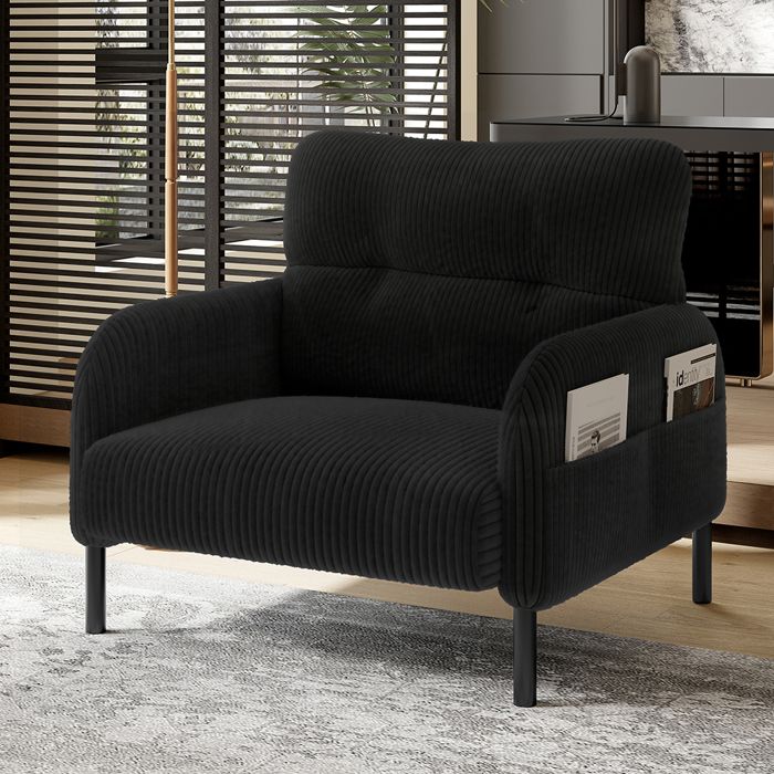 Fauteuil velours Confortable Noir avec accoudoirs à poches pour le salon chambre Fauteuil velours Confortable Noir avec accoudoirs à poches pour le salon chambre